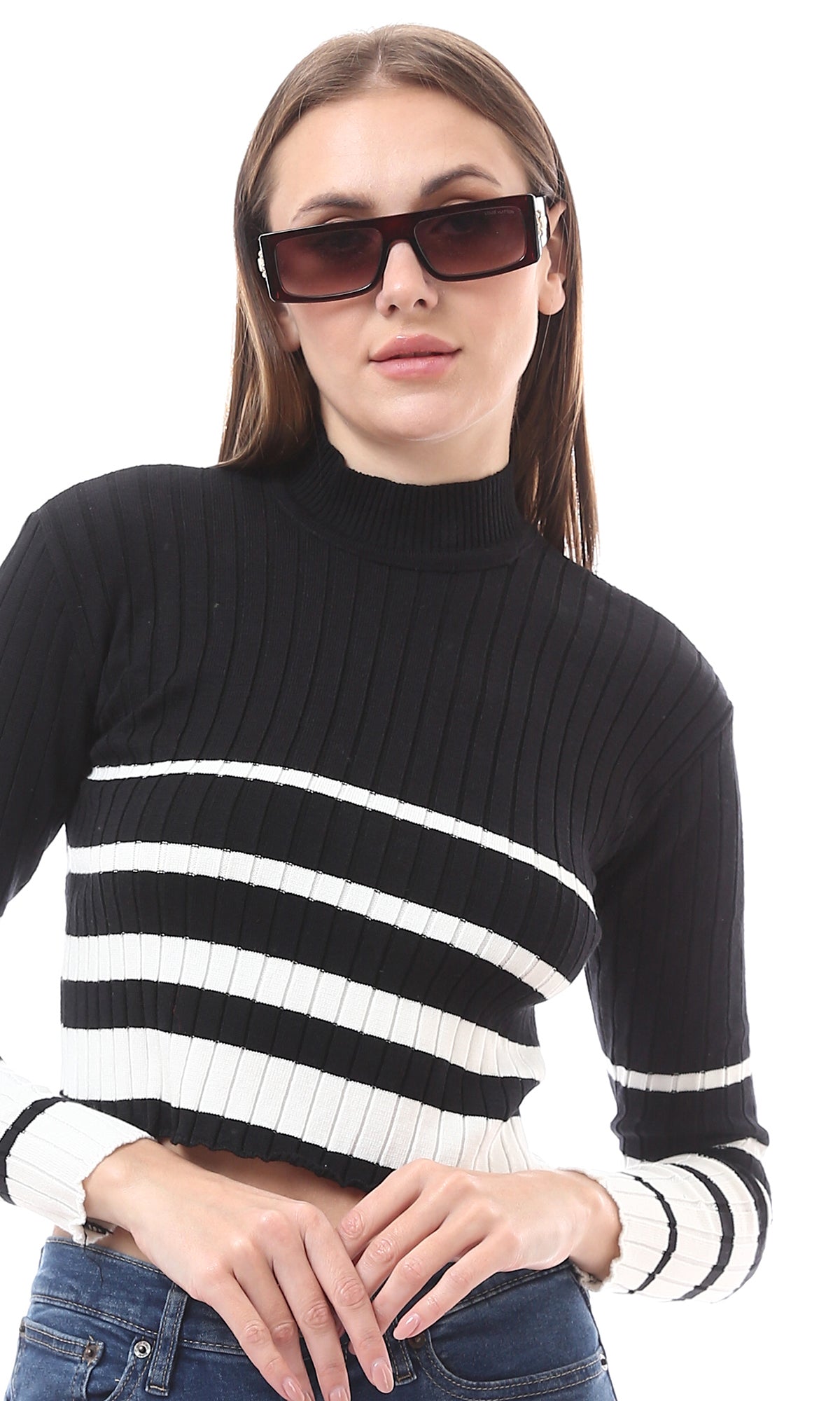 O174522 Black Soft Basic Pullover With White Stripes
