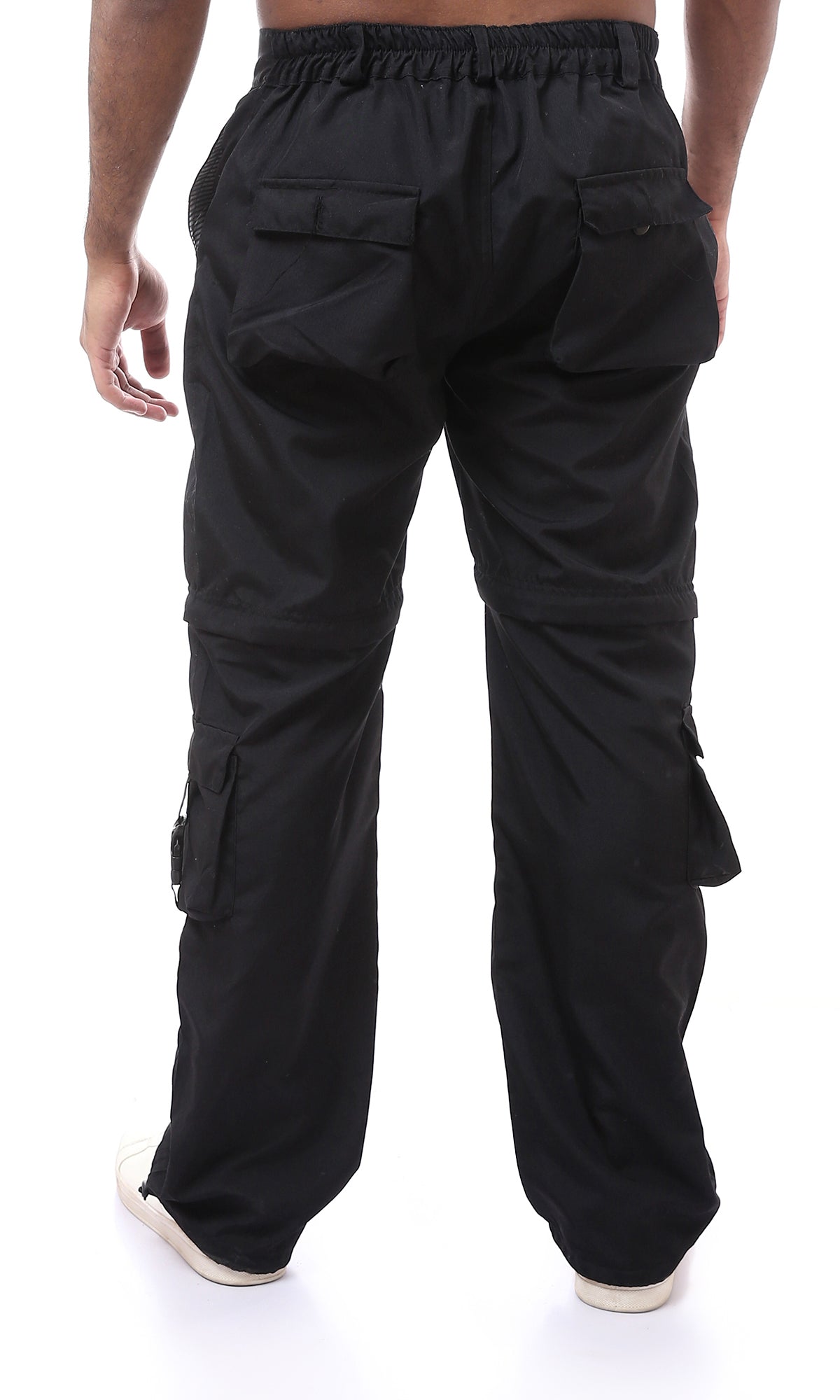 O174621 Elastic Waist Black Cargo Pants With Multi-Pockets