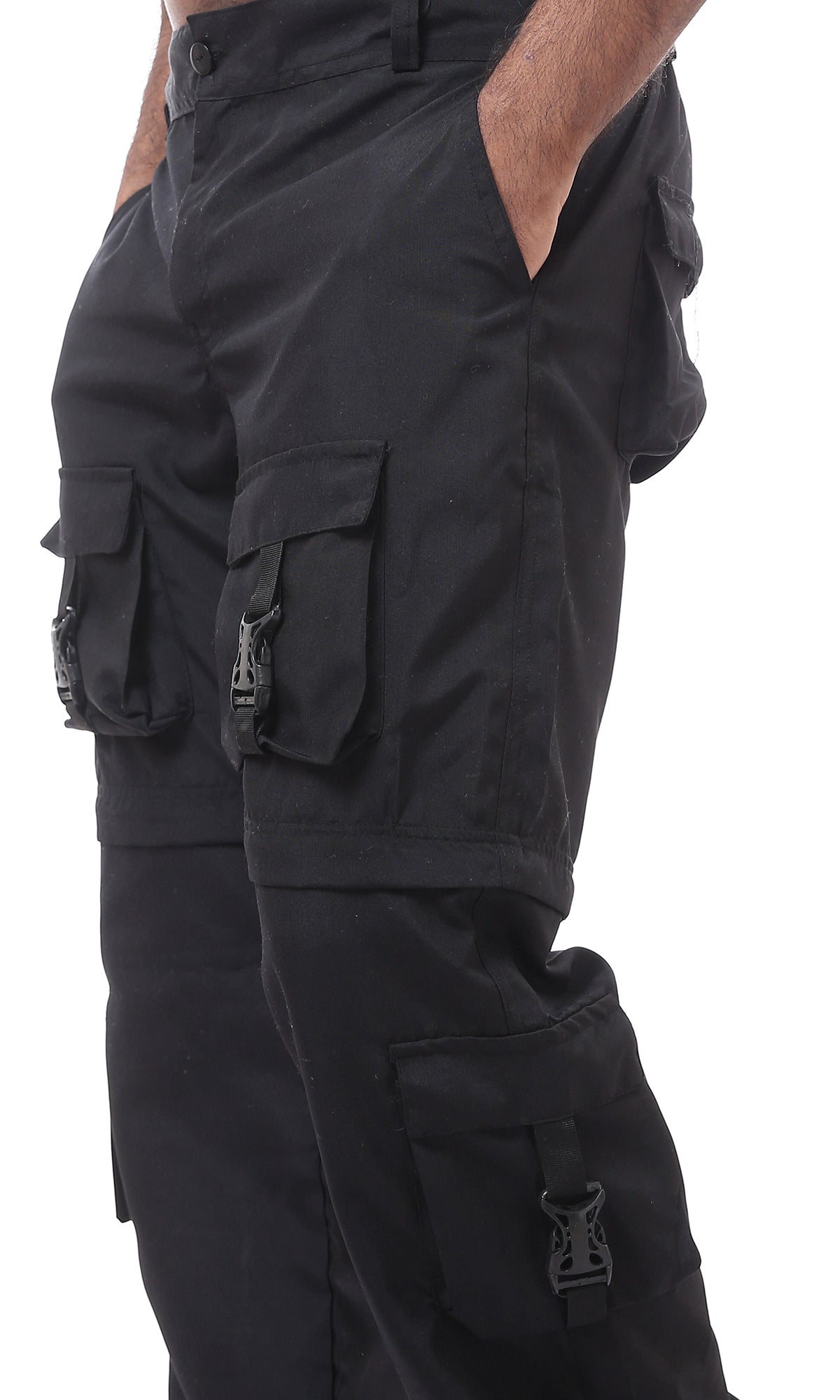 O174621 Elastic Waist Black Cargo Pants With Multi-Pockets