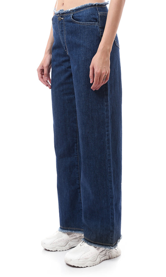 O174628 Dark Blue Solid Wide Leg Casual Jeans