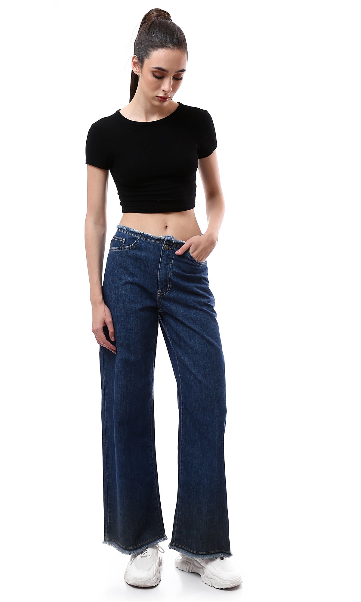 O174628 Dark Blue Solid Wide Leg Casual Jeans