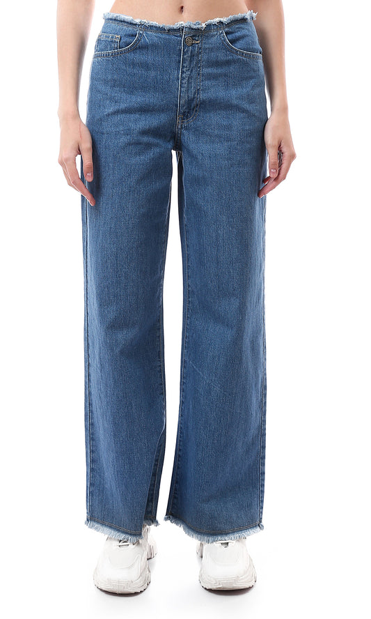 O174629 Wide Leg Light Blue Jeans With Frayed Trim