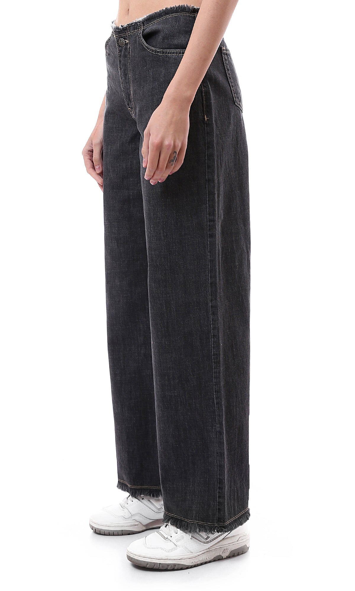 O174630 Fashionable Wide Jeans With 5 Pockets - Heather Black