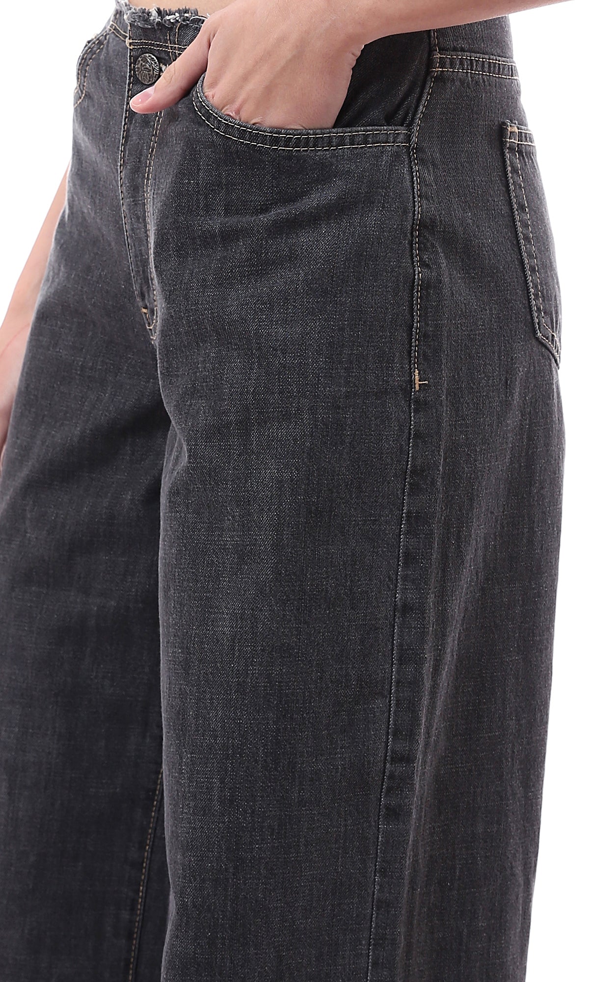 O174630 Fashionable Wide Jeans With 5 Pockets - Heather Black