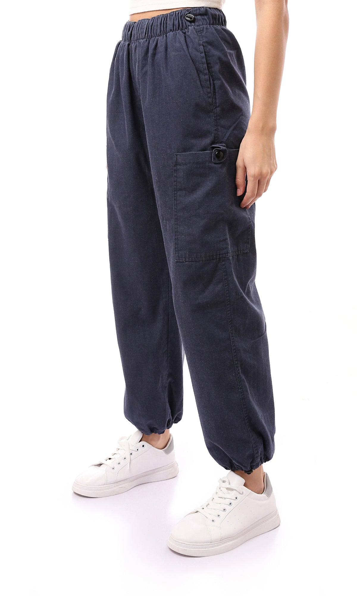 O174655 Slip On Navy Blue Cargo Jeans With Hem