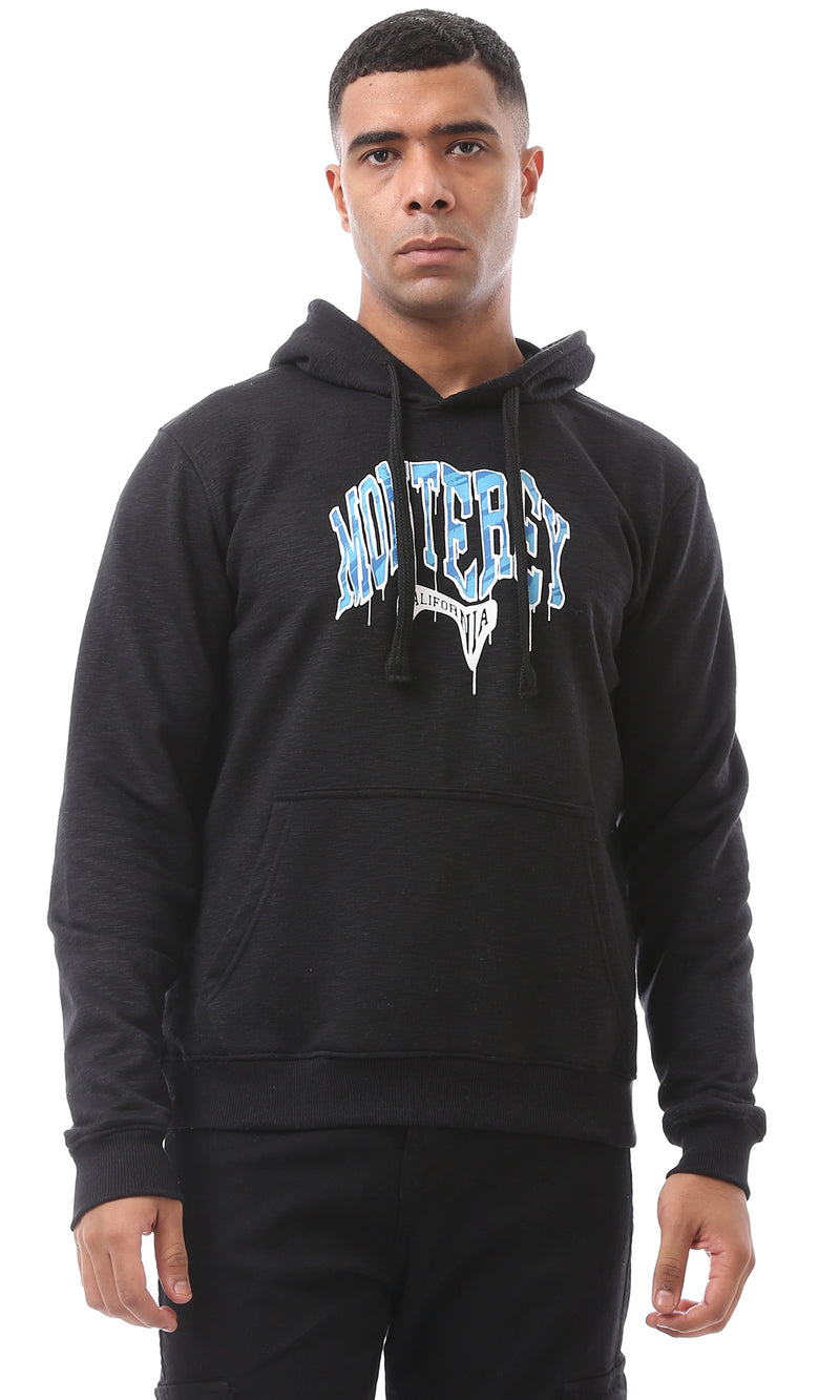 O174721 Heather Black Printed Hoodie With Inner Soft Fleece