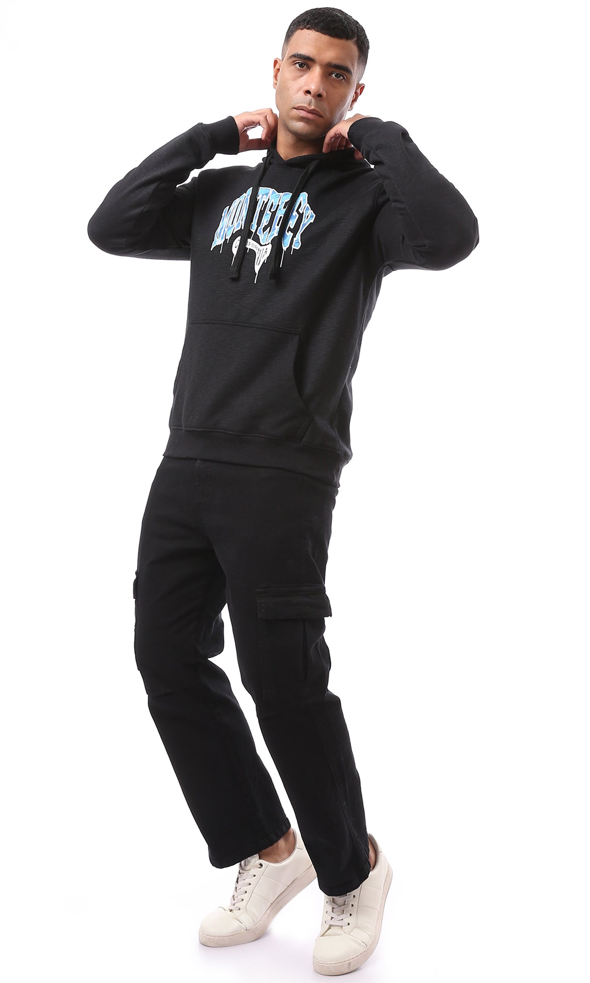 O174721 Heather Black Printed Hoodie With Inner Soft Fleece