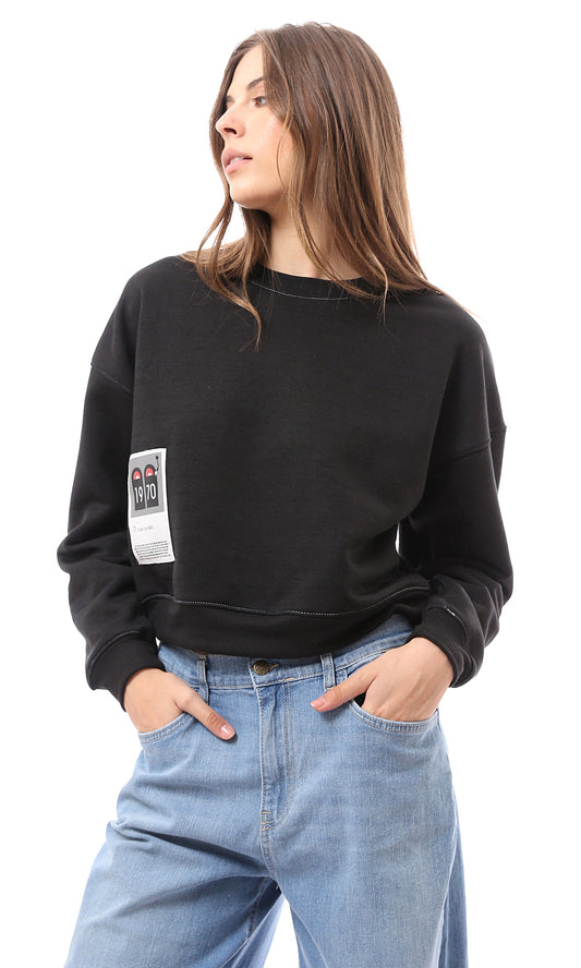 O174767 Black Round Neck Sweatshirt With Ribbed Hem