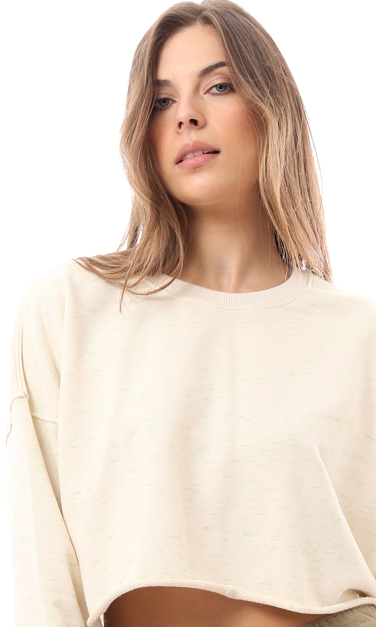 O174768 Heather Lime Beige Cotton Cropped Sweatshirt