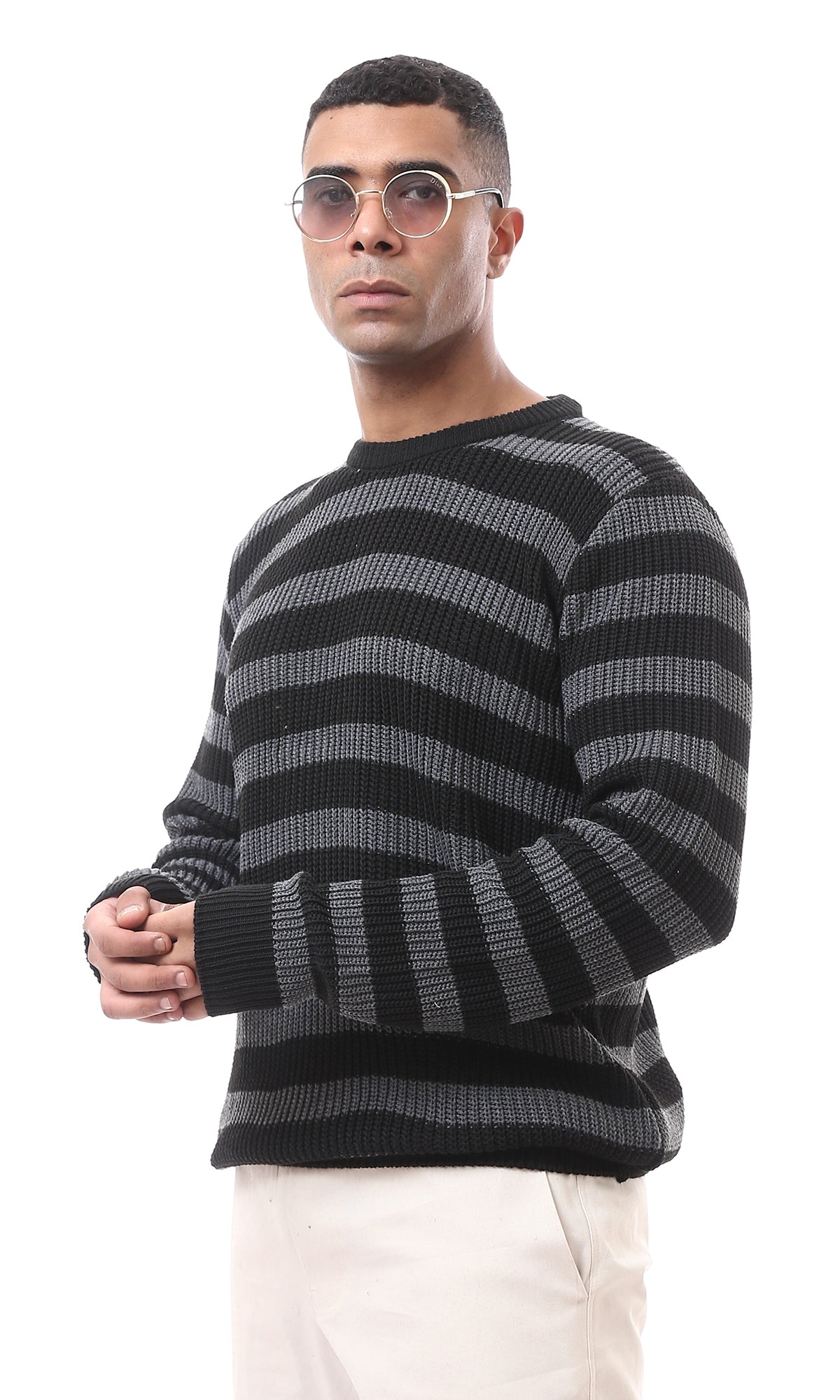 O174773 Bi-Tone Striped Dark Grey & Black Knitted Pullover