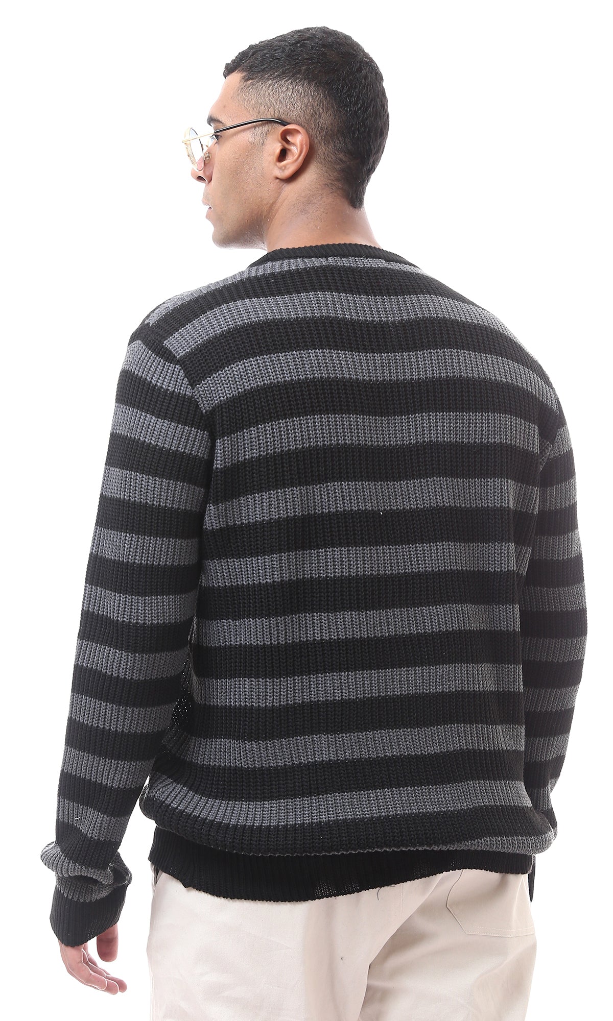 O174773 Bi-Tone Striped Dark Grey & Black Knitted Pullover