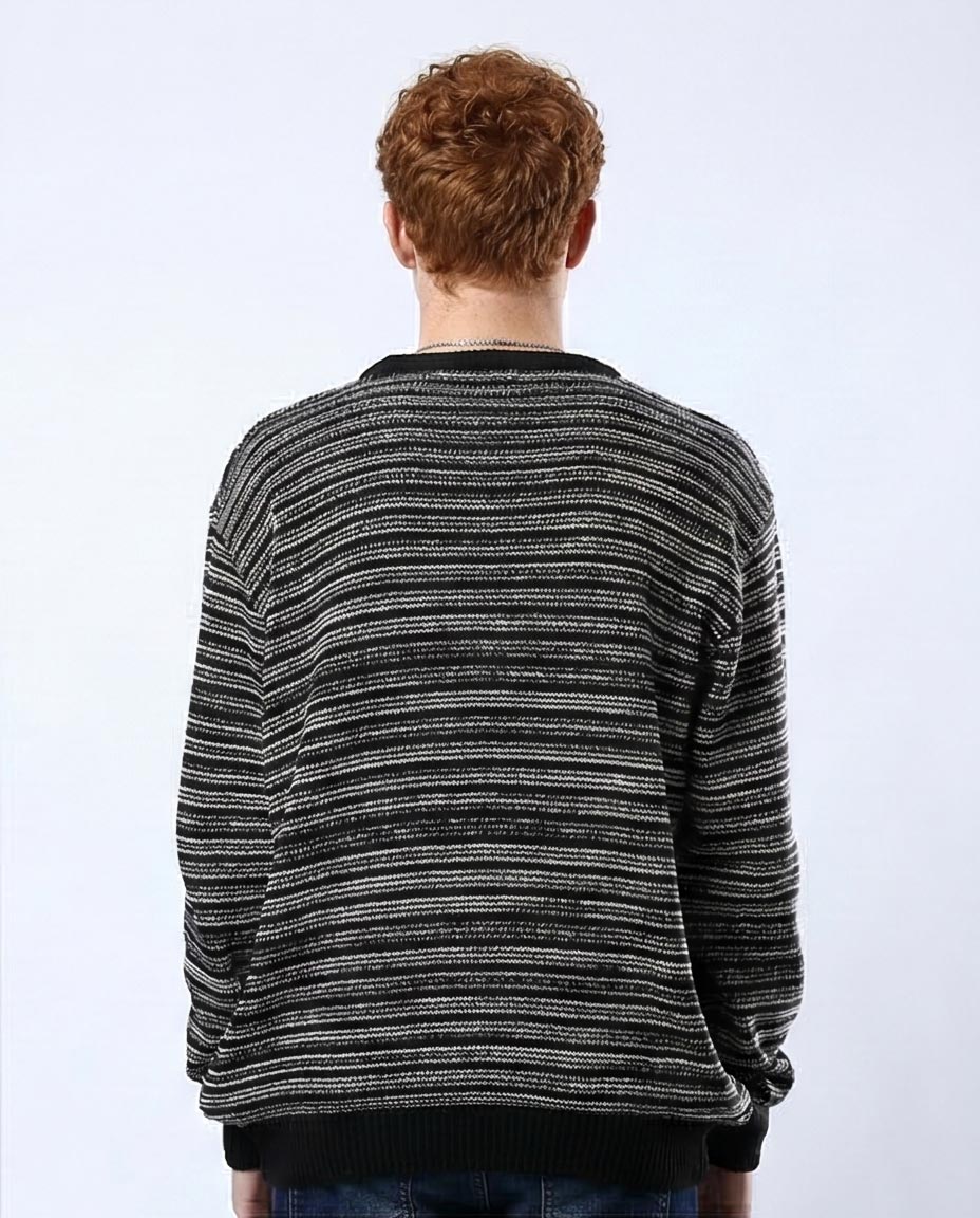 Black and White Space-Dye Textured Knit Pullover - O174999