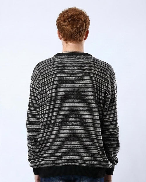 O174999 Ravin Men’s Relaxed-Fit Striped Static Knit Pullover— Black & White