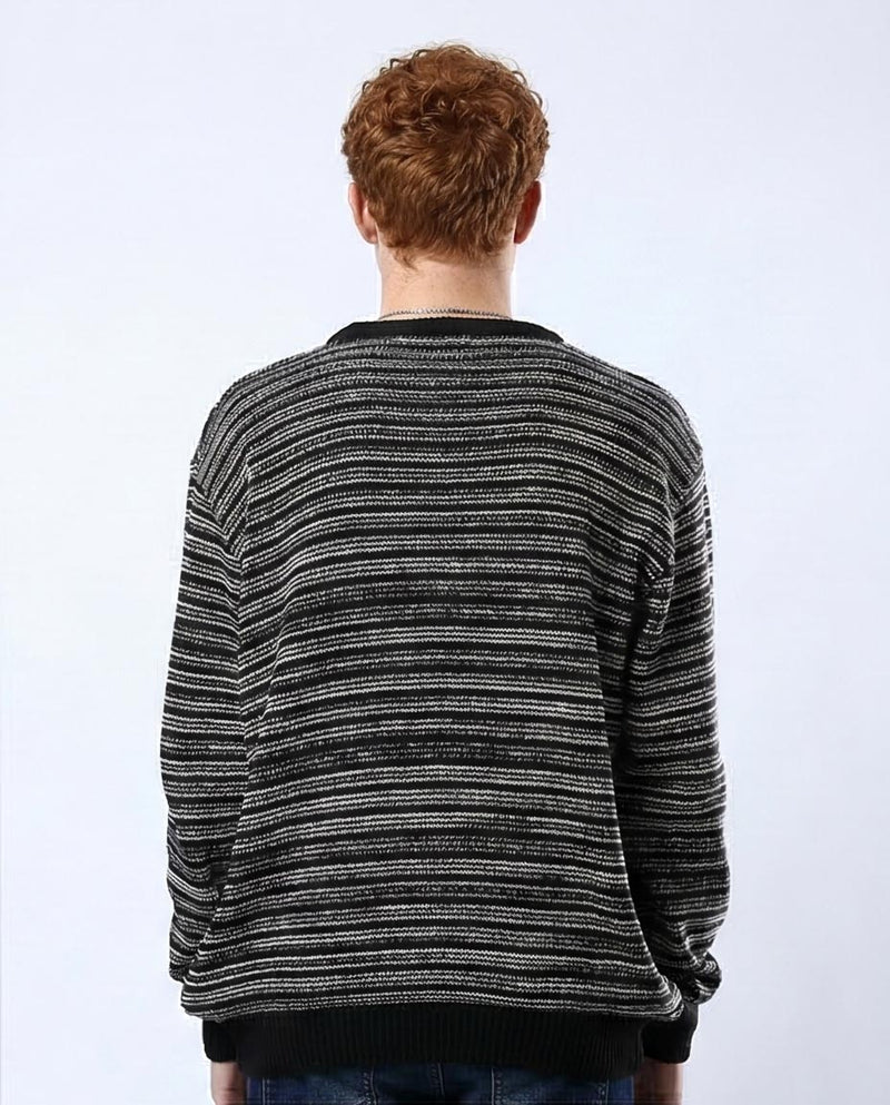 O174999 Ravin Men’s Relaxed-Fit Striped Static Knit Pullover— Black & White