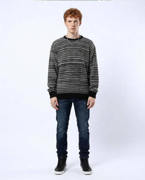 O174999 Ravin Men’s Relaxed-Fit Striped Static Knit Pullover— Black & White