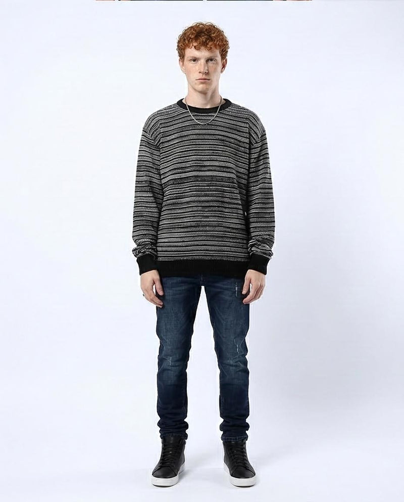 O174999 Ravin Men’s Relaxed-Fit Striped Static Knit Pullover— Black & White