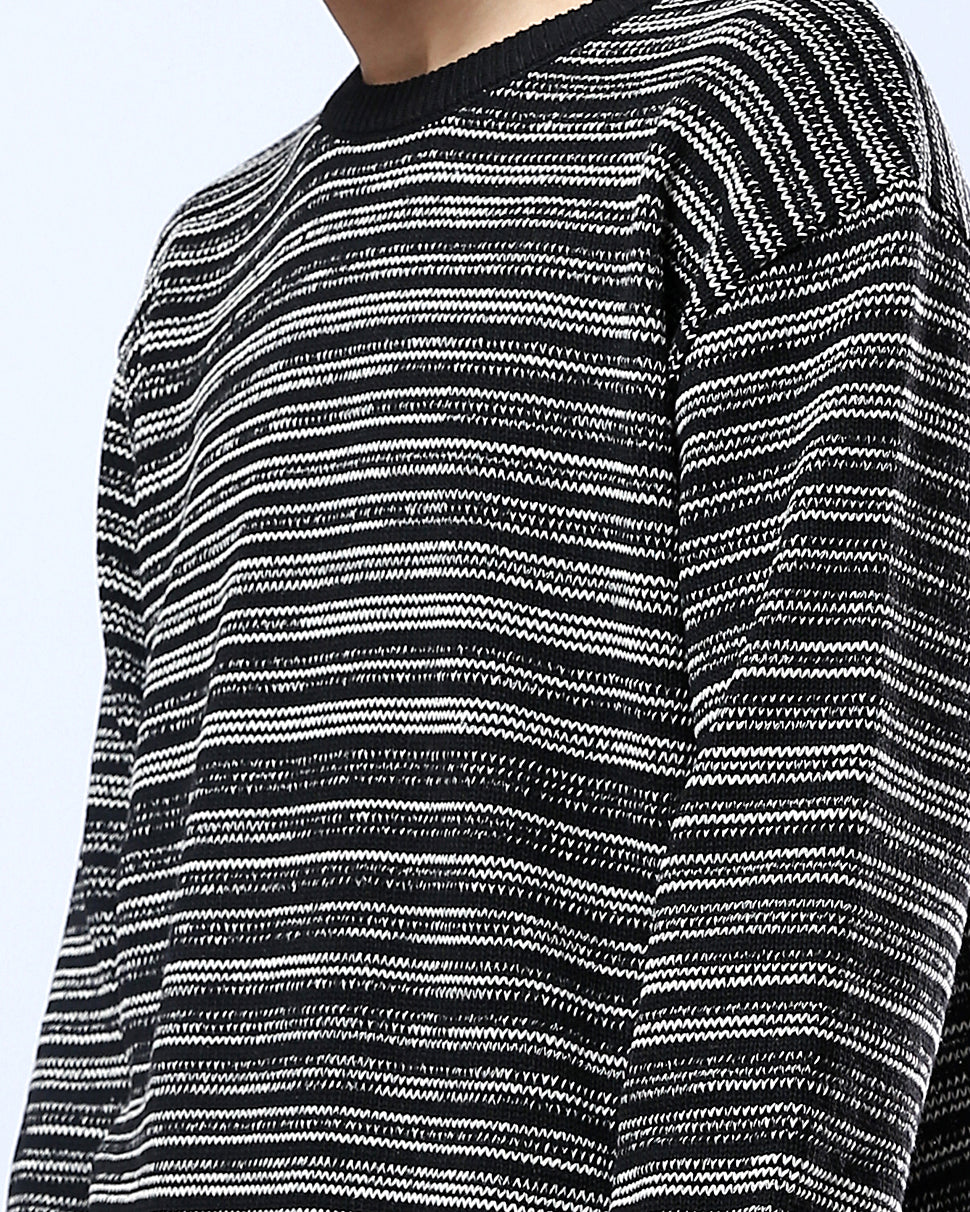 Black and White Space-Dye Textured Knit Pullover - O174999