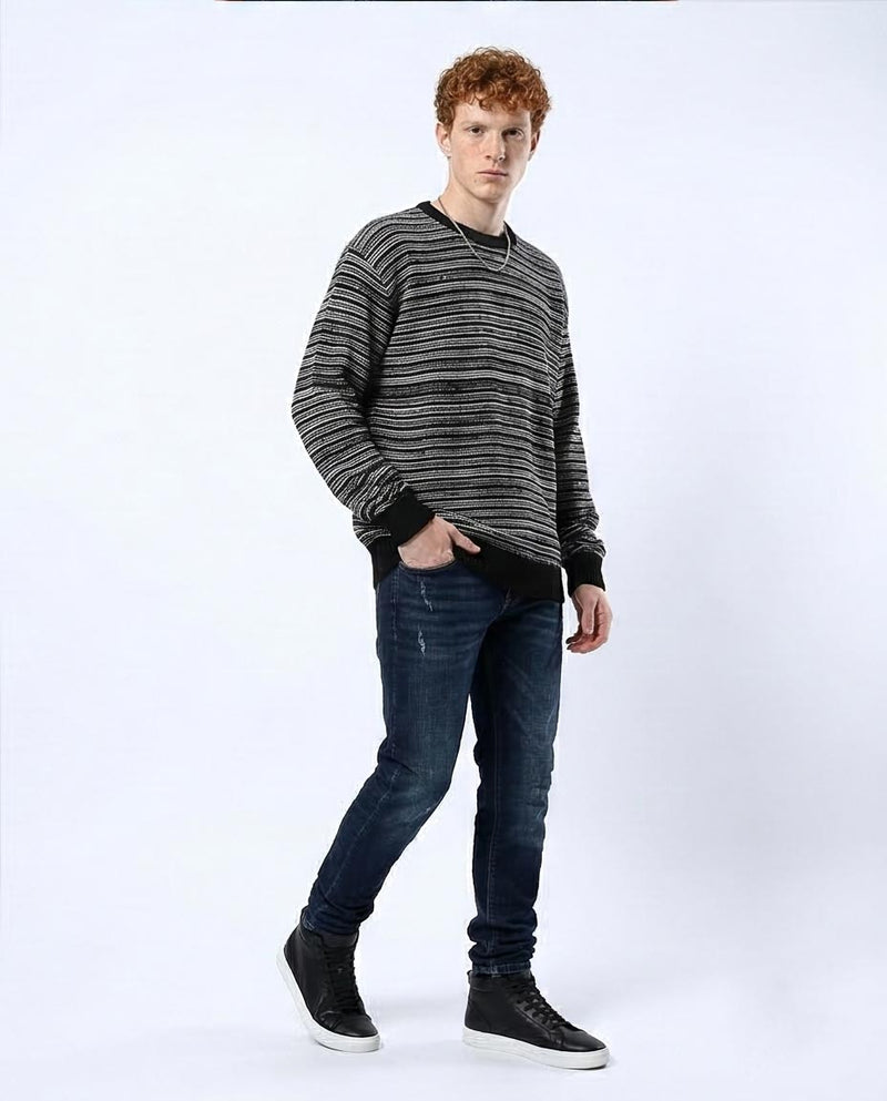 O174999 Ravin Men’s Relaxed-Fit Striped Static Knit Pullover— Black & White