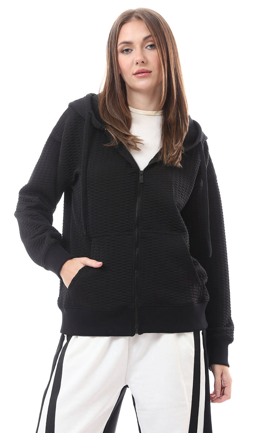 O175014 Hooded Neck With Drawstring Black Stitched Sweatshirt