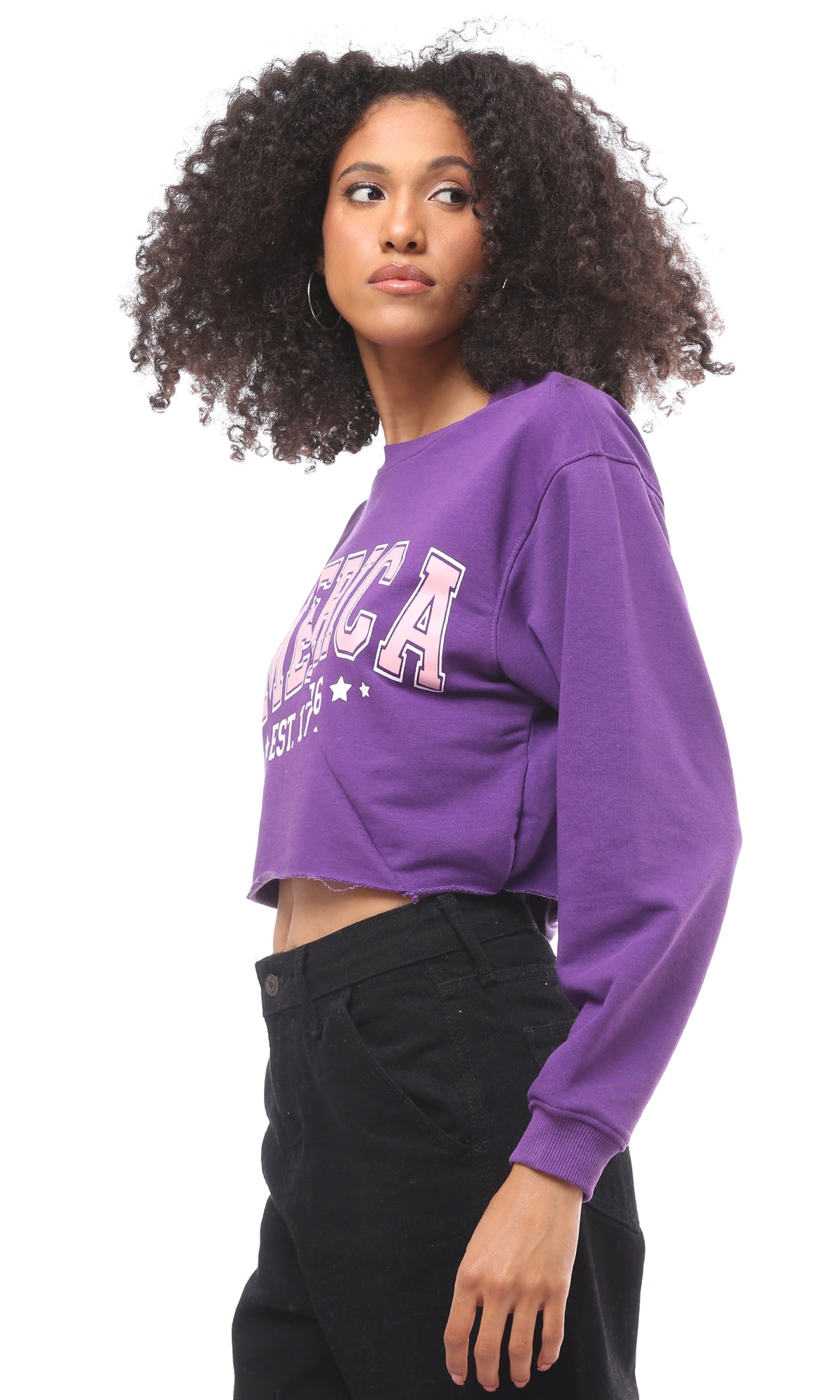 O175018 Front Cut Printed Purple Short Sweatshirt