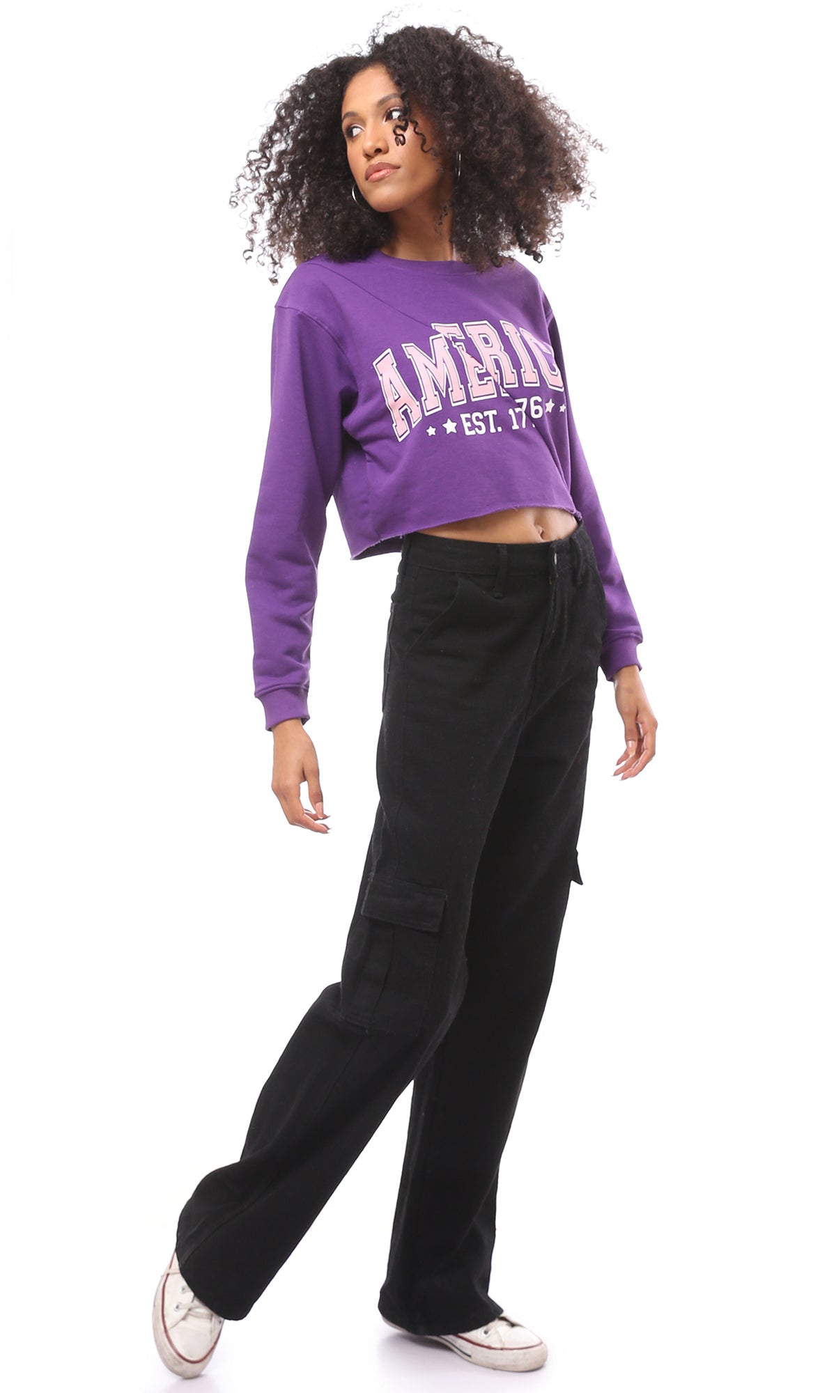 O175018 Front Cut Printed Purple Short Sweatshirt