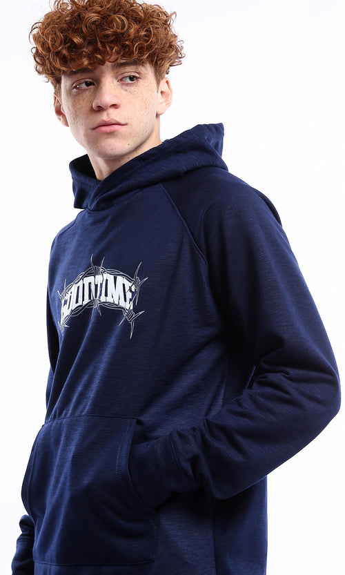 O175022 Printed "Good Time" Slip On Heather Navy Blue Hoodie