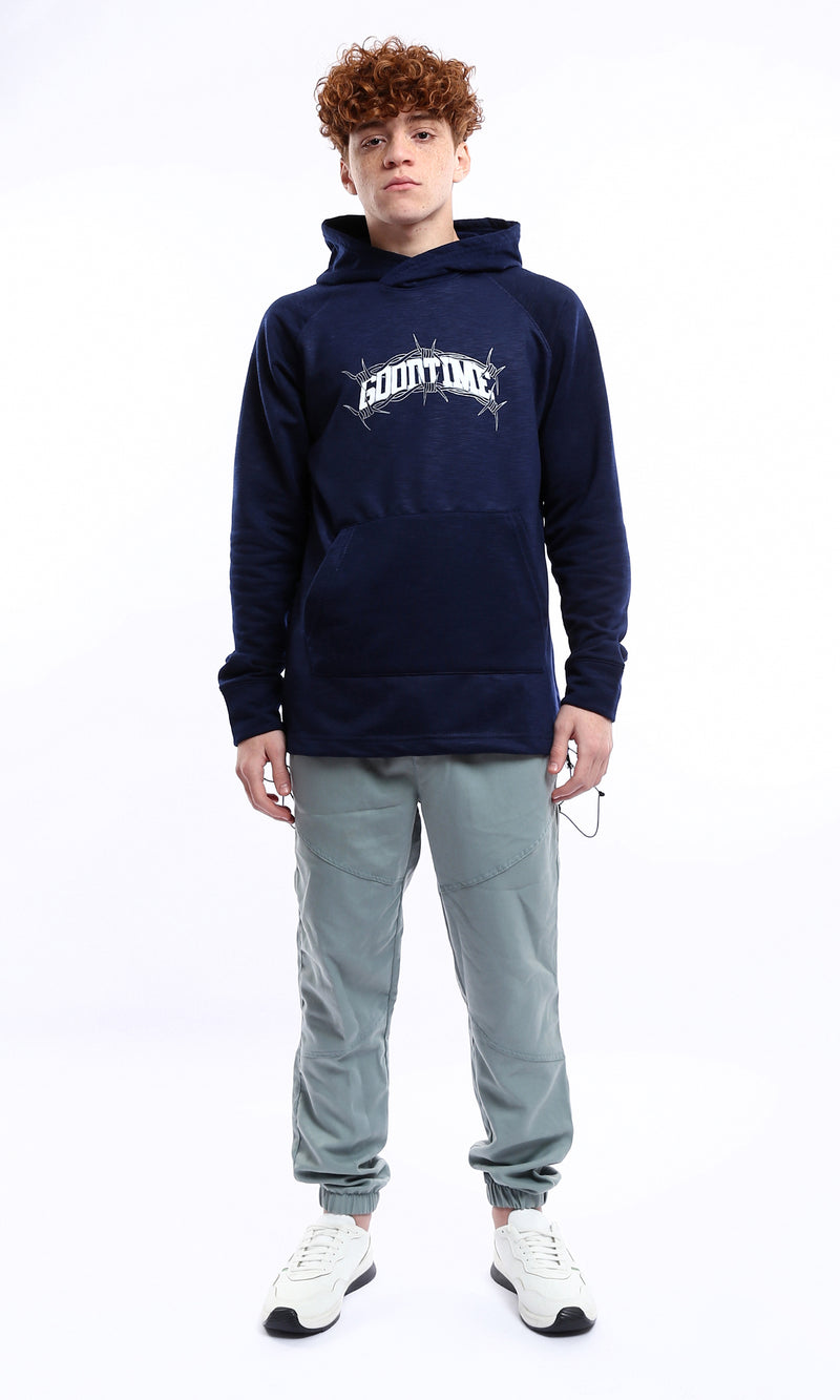 O175022 Printed "Good Time" Slip On Heather Navy Blue Hoodie
