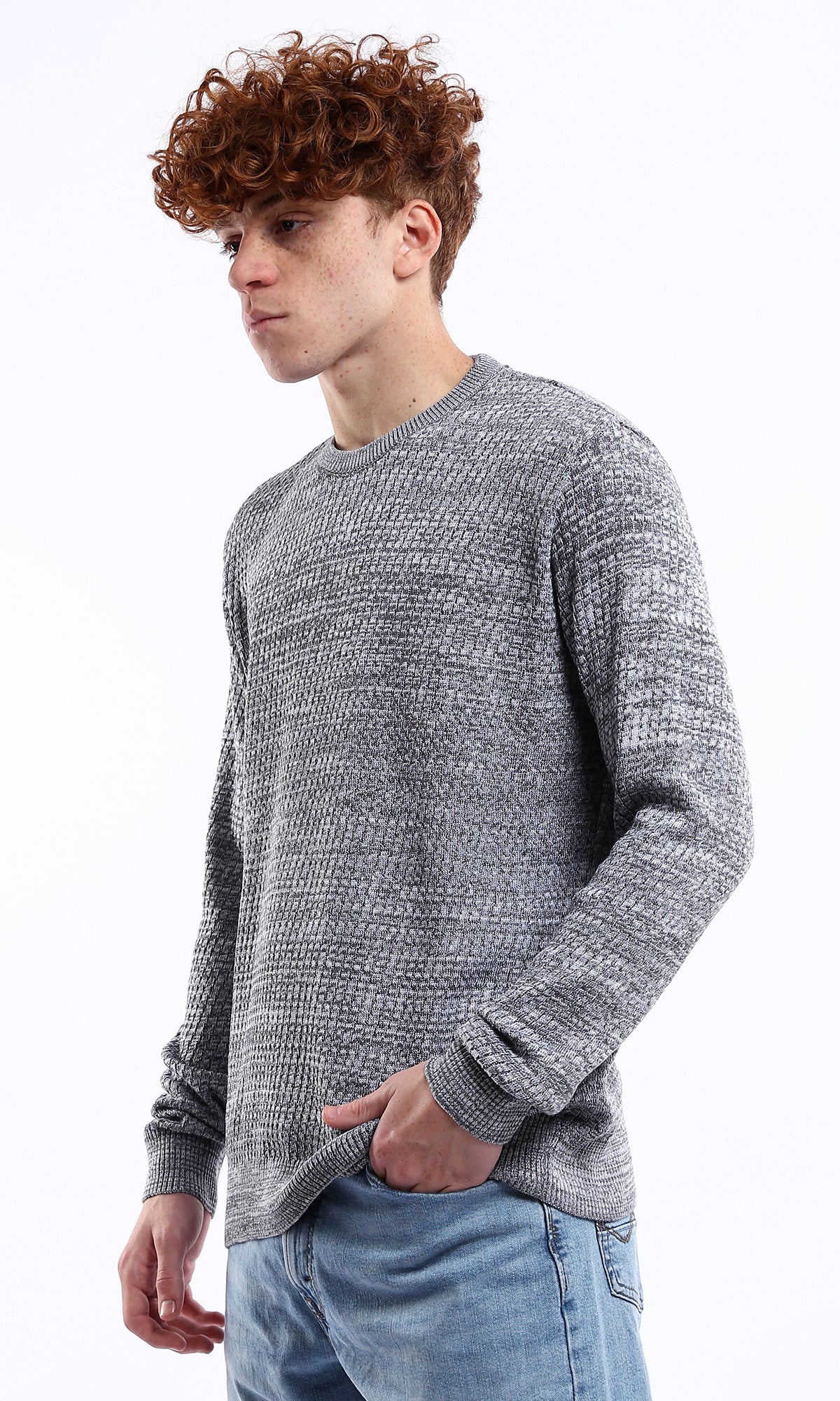 O175246 Round Neck Knitted Grey & White Pullover