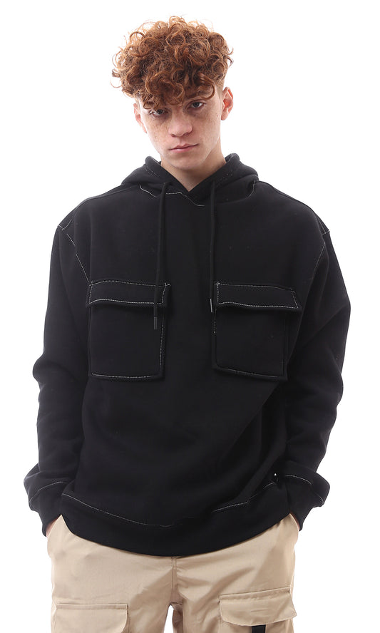 O175339 Front Patched Pockets Black Winter Hoodie