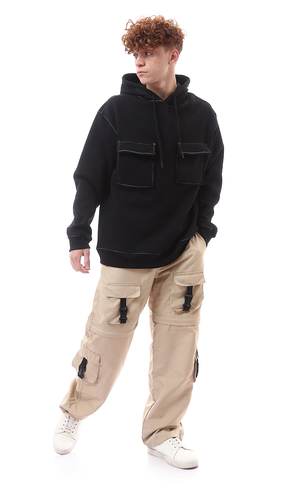 Utility Contrast Stitch Oversized Hoodie - O175339