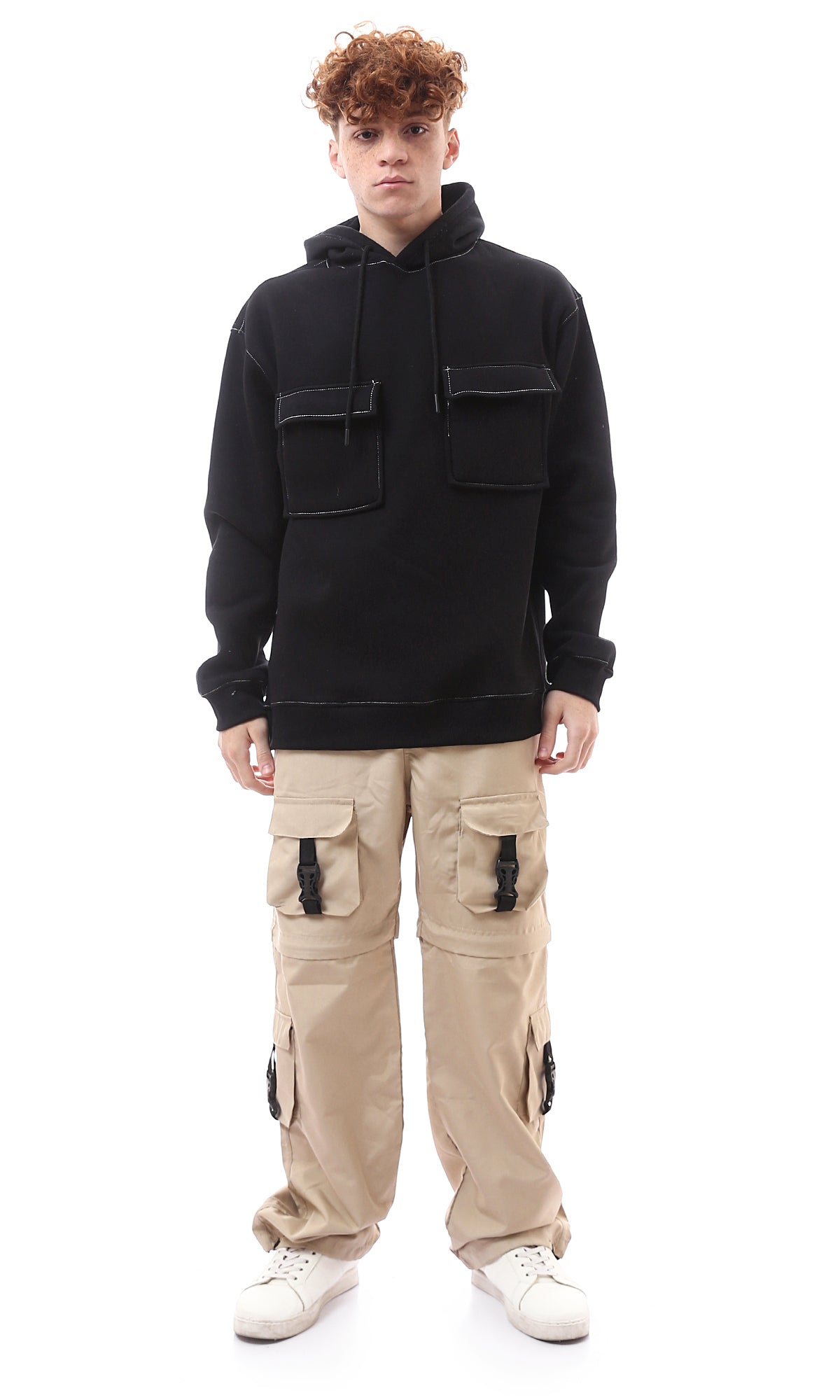 O175339 Front Patched Pockets Black Winter Hoodie