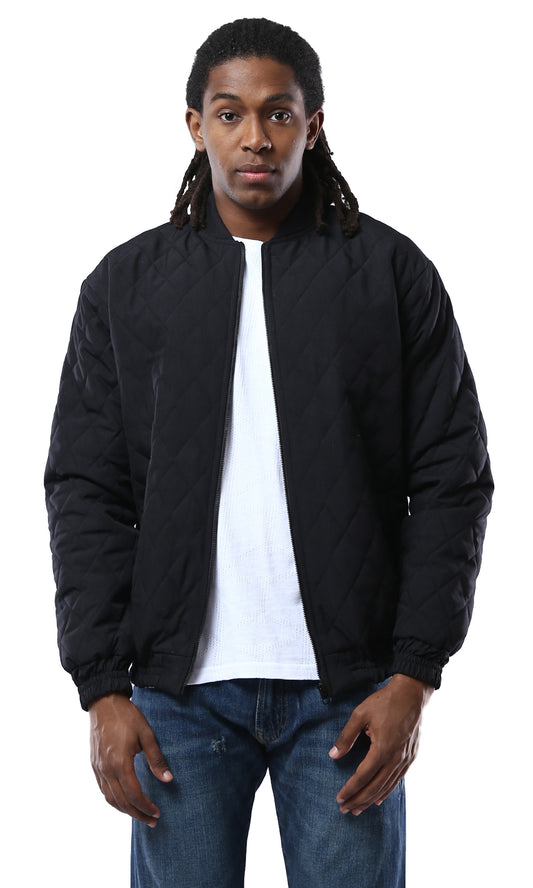 O175349 Band Neck Zipped Black Quilted Jacket