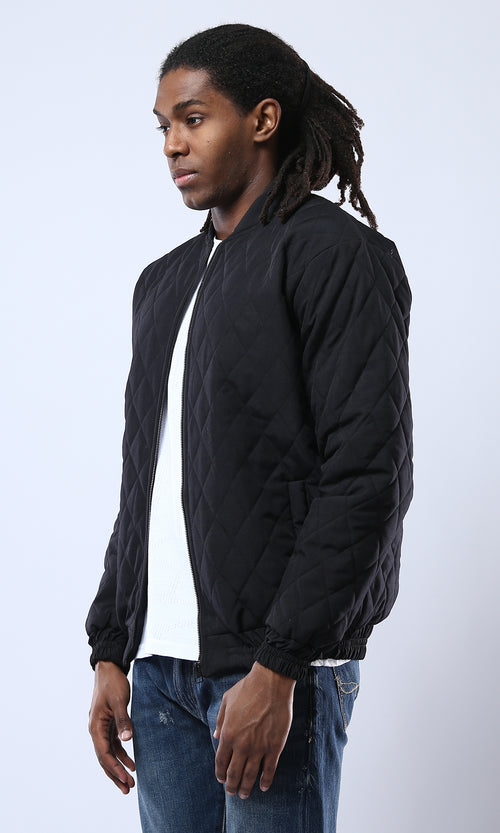 O175349 Band Neck Zipped Black Quilted Jacket