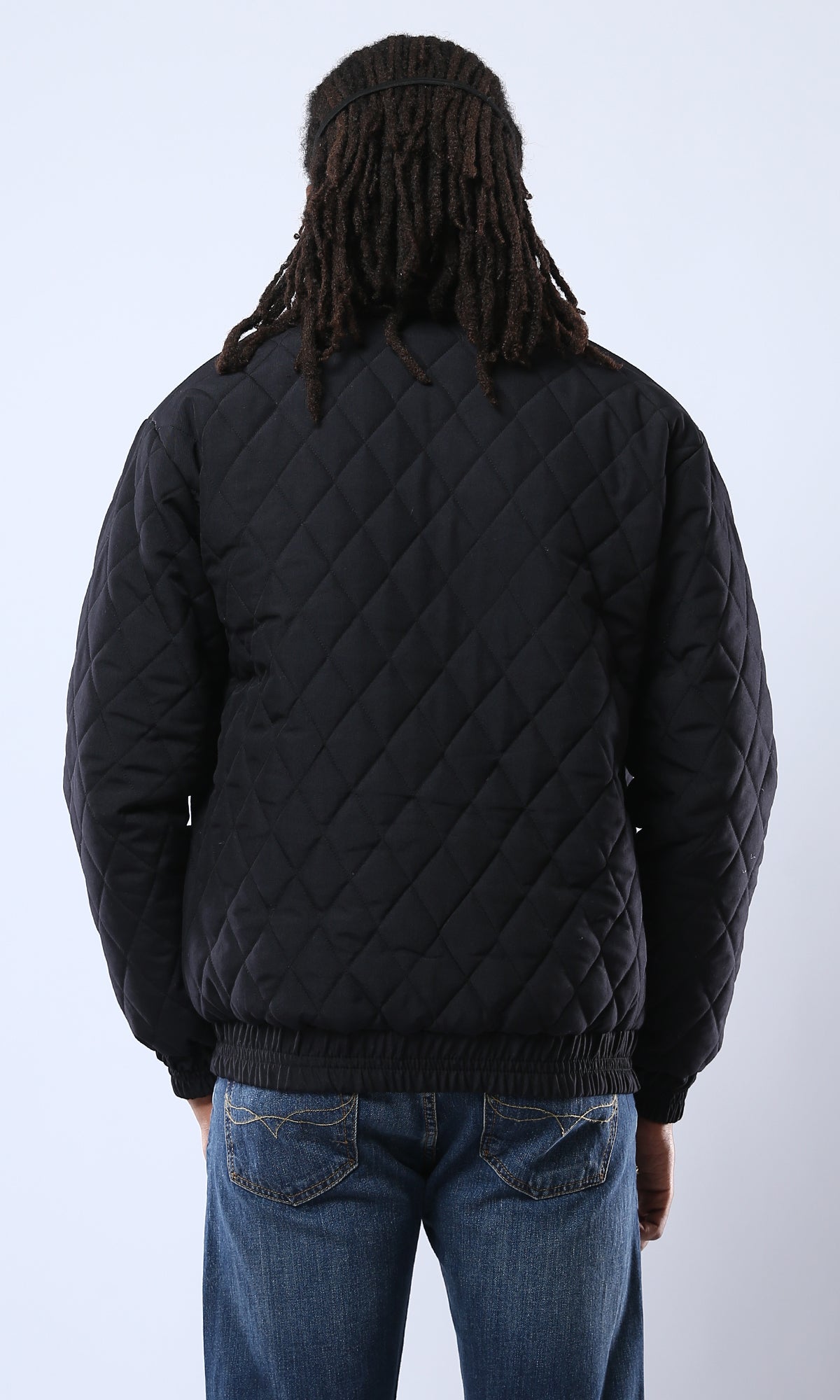 O175349 Band Neck Zipped Black Quilted Jacket