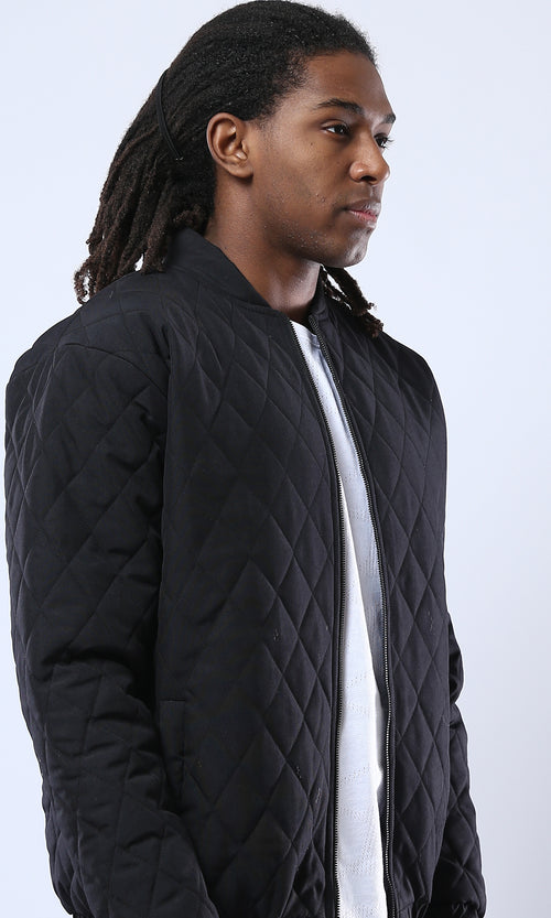 O175349 Band Neck Zipped Black Quilted Jacket