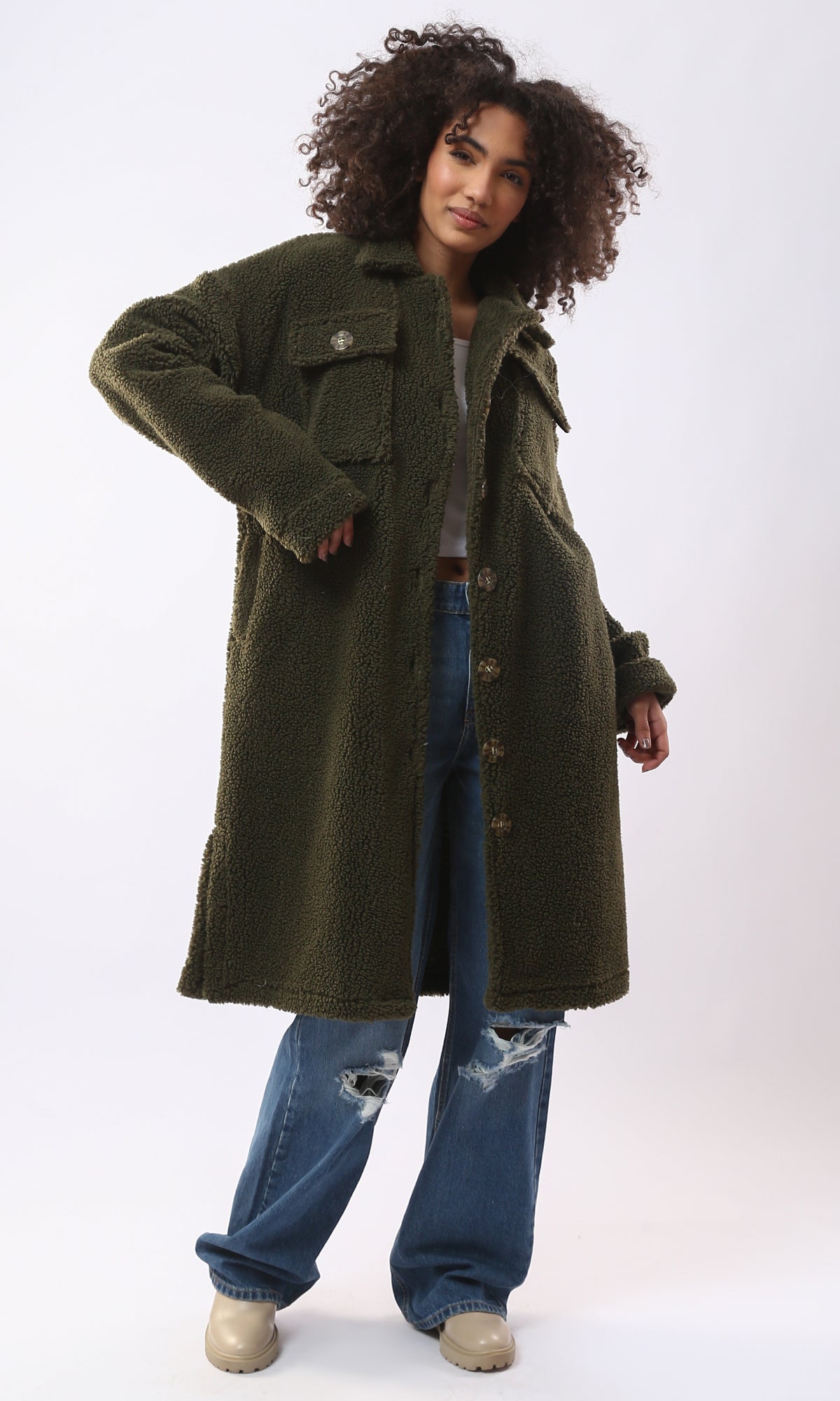 O175362 Olive Wool Full Buttons Coziness Coat