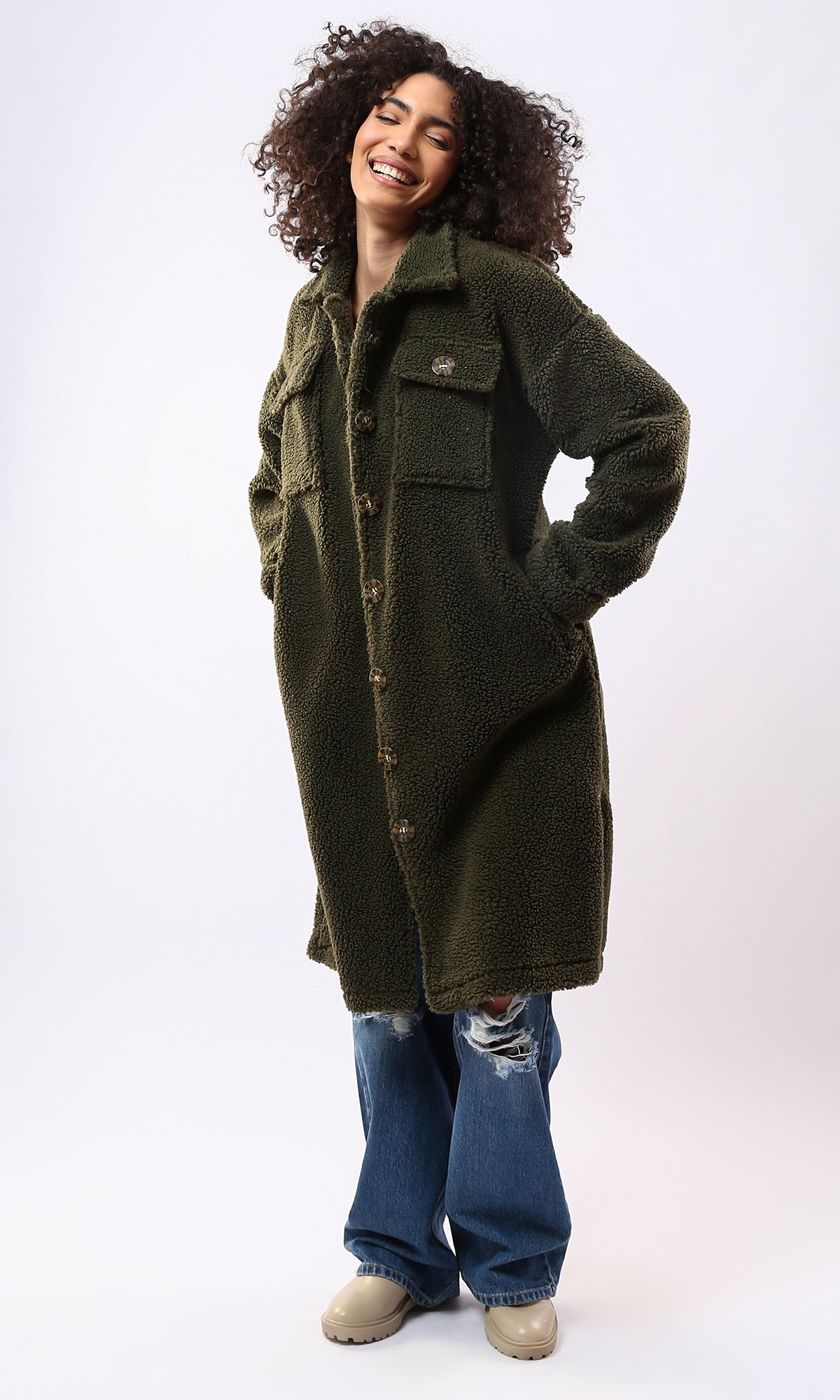O175362 Olive Wool Full Buttons Coziness Coat