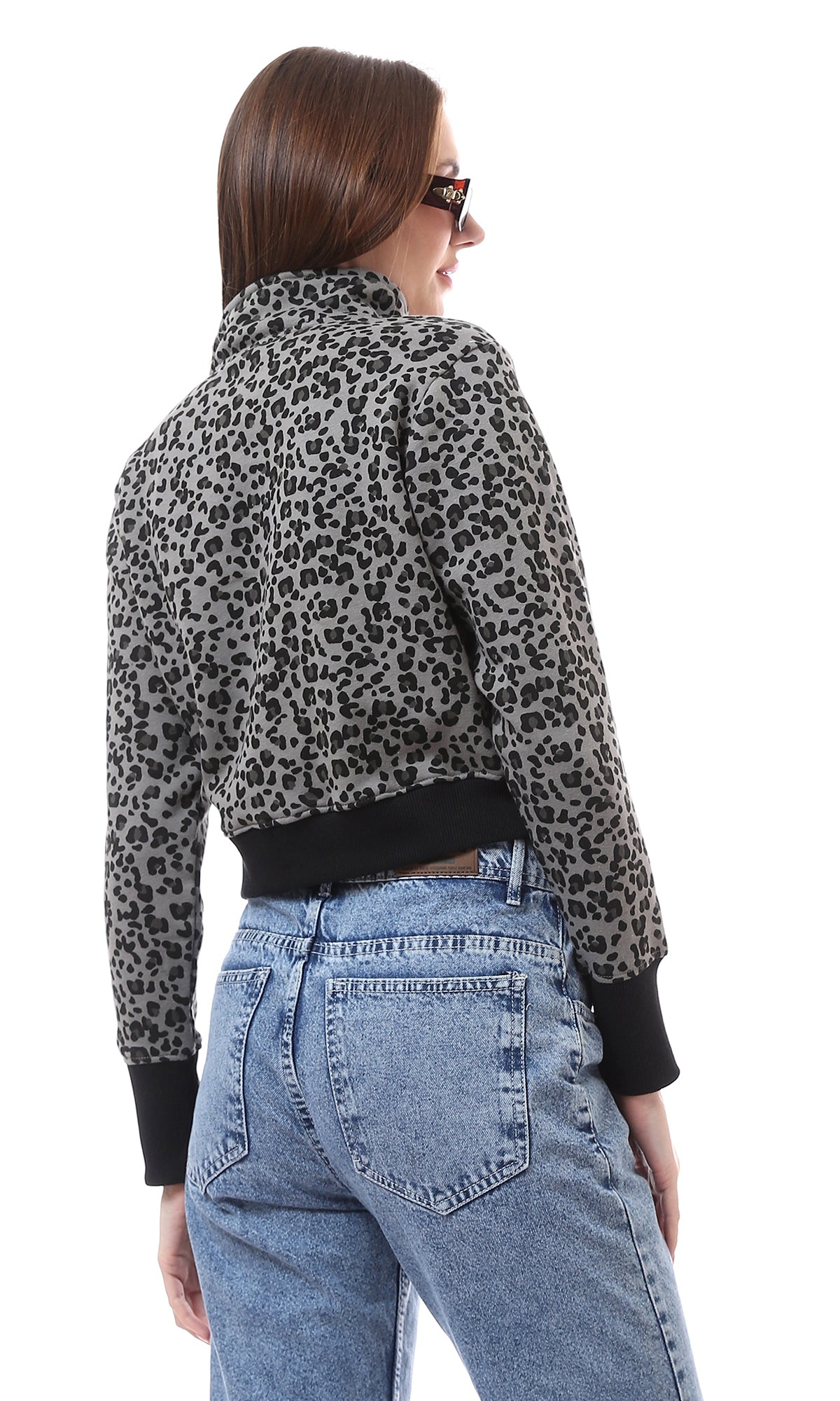 O175446 Grey & Black Leopard Zipped Neck Sweatshirt