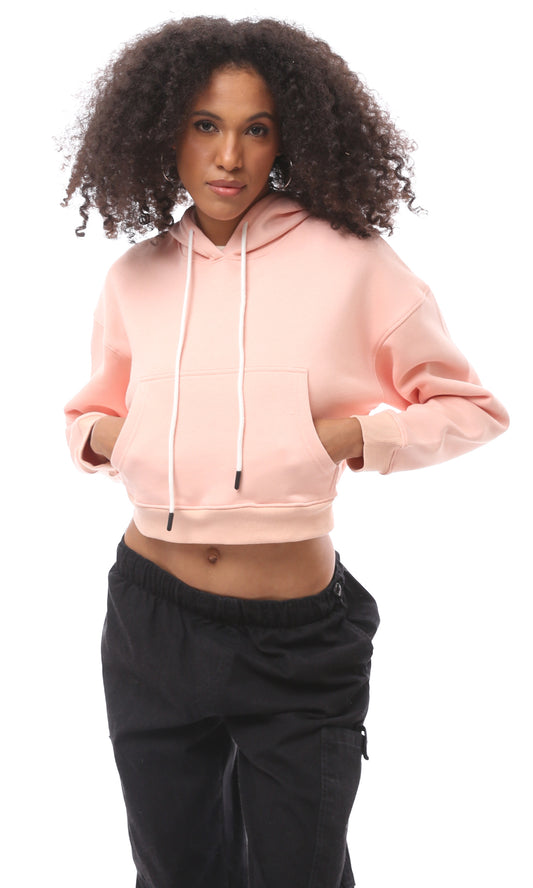 O175447 Hooded Neck With Drawstring Light Salmon Short Hoodie