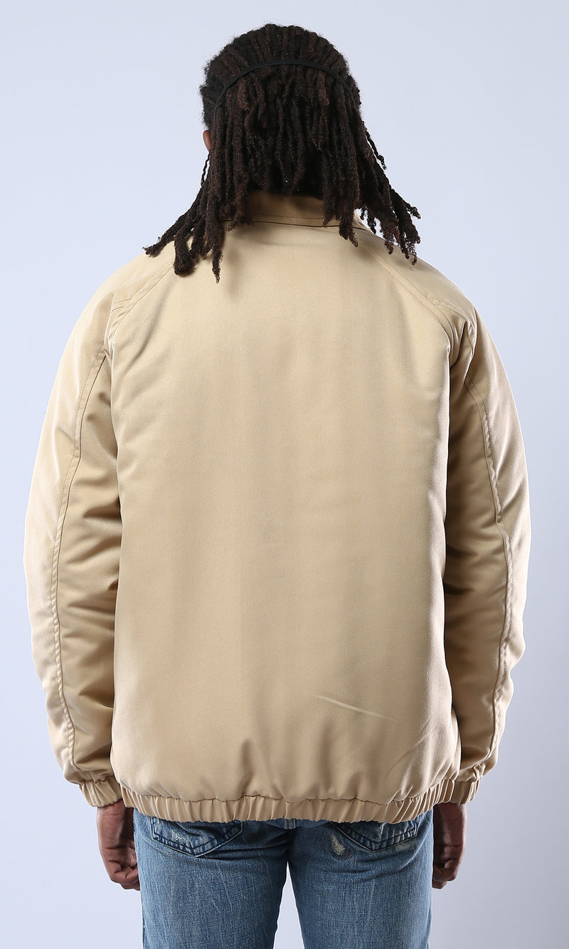 O175495 Turn Down Collar Zipped Solid Sand Jacket