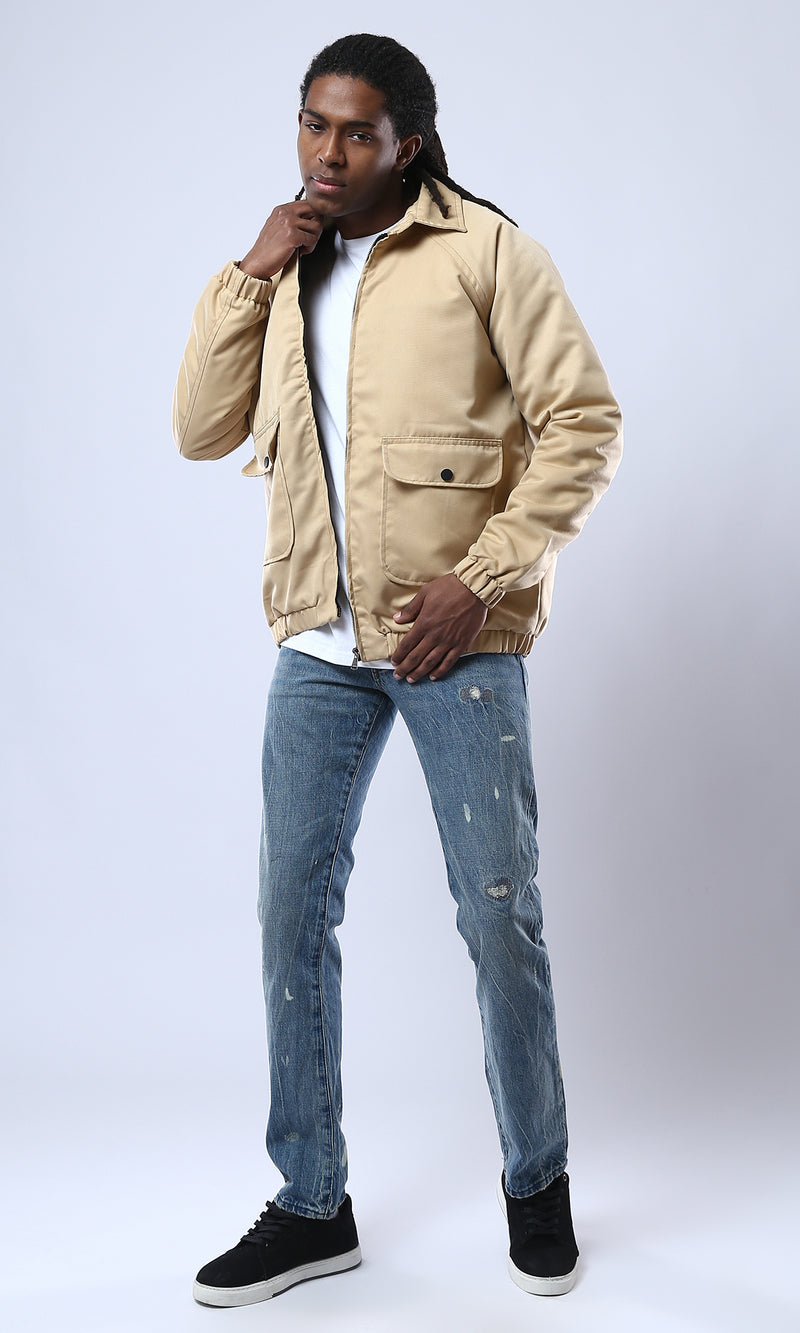 O175495 Turn Down Collar Zipped Solid Sand Jacket