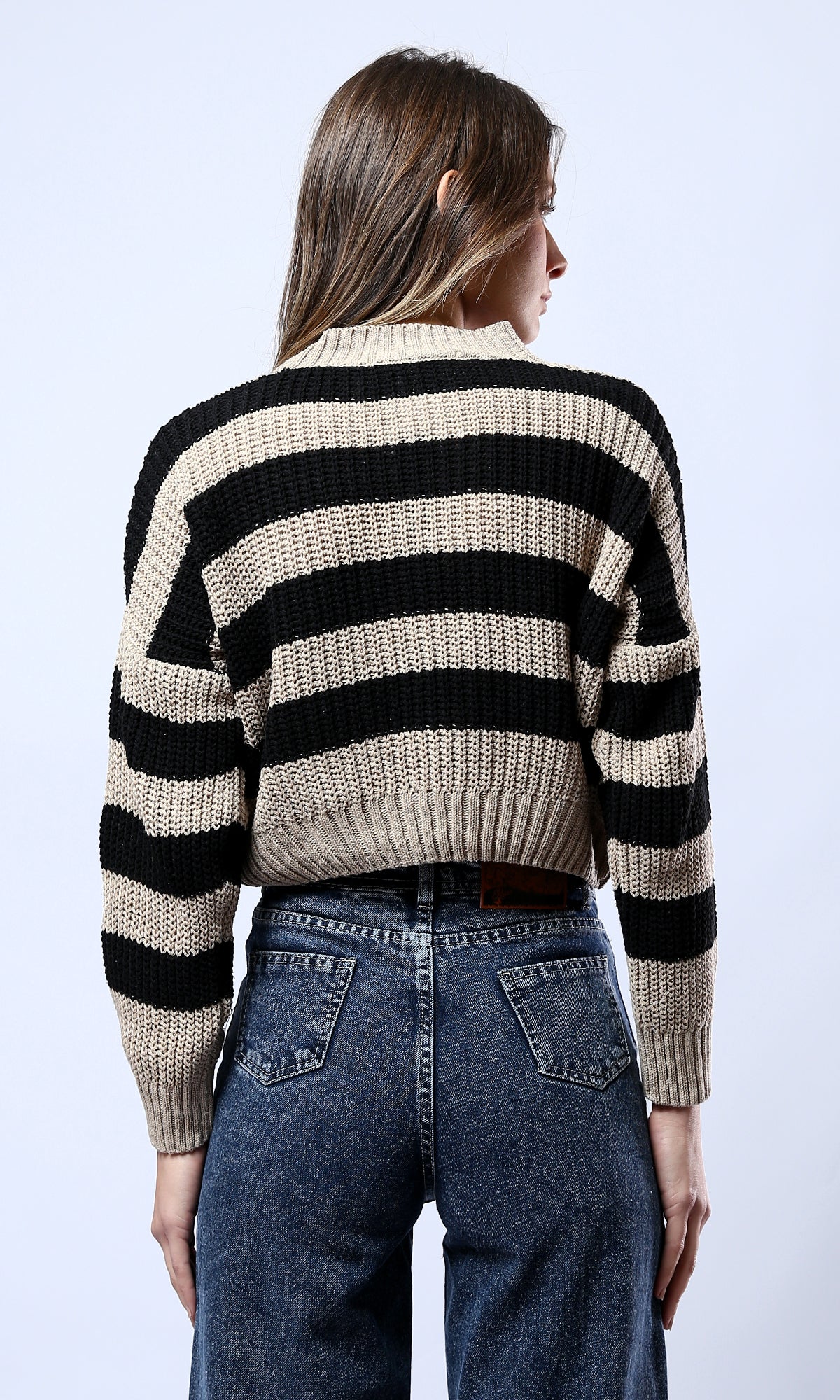 O175535 Striped Dark Beige & Black Pullover With High-Neck