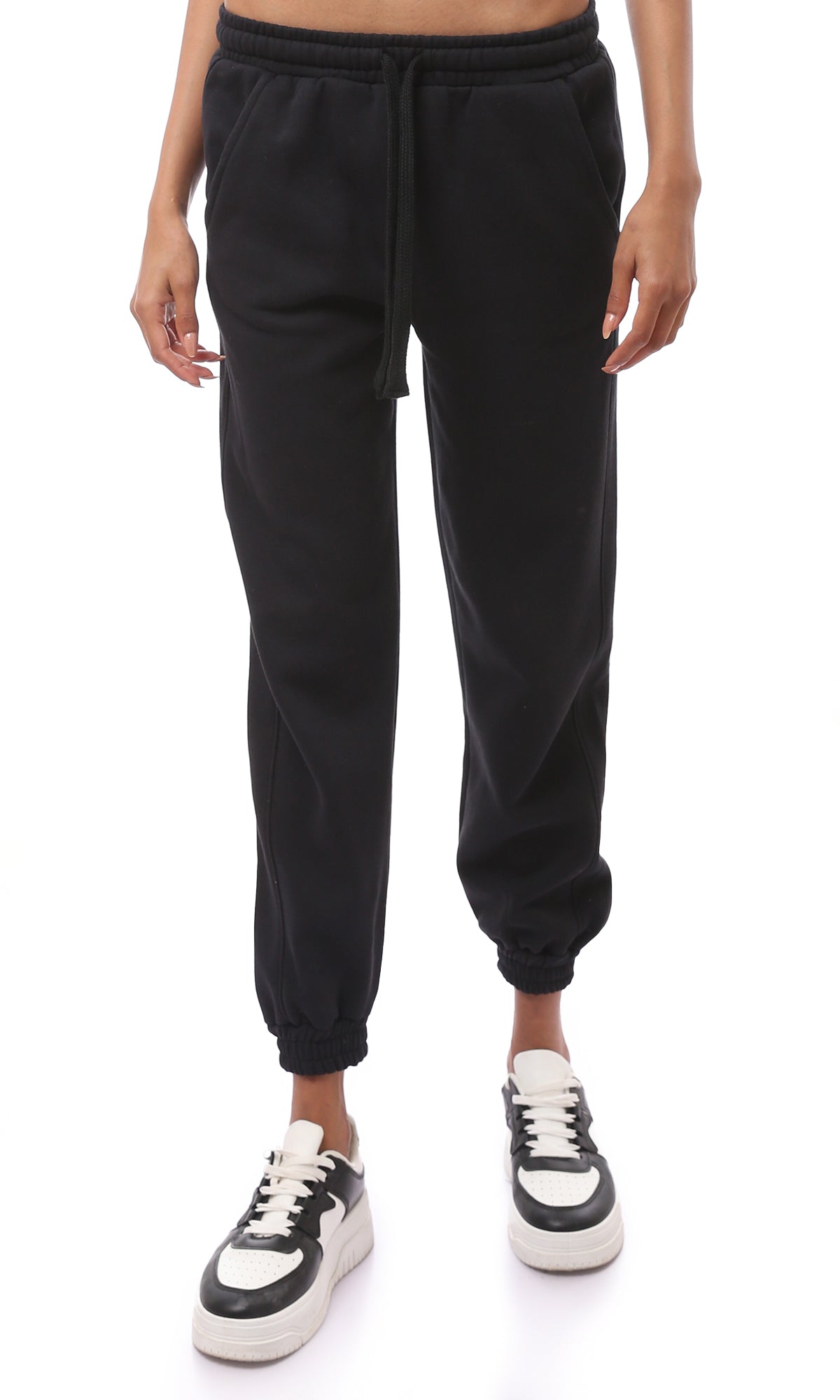O175575 Black Cotton Jogger Pants With Elastic Waist