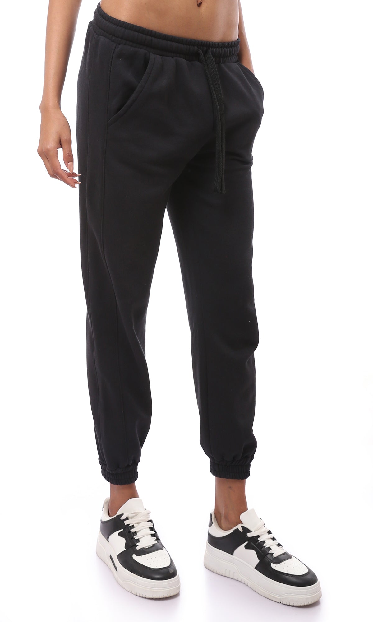 O175575 Black Cotton Jogger Pants With Elastic Waist
