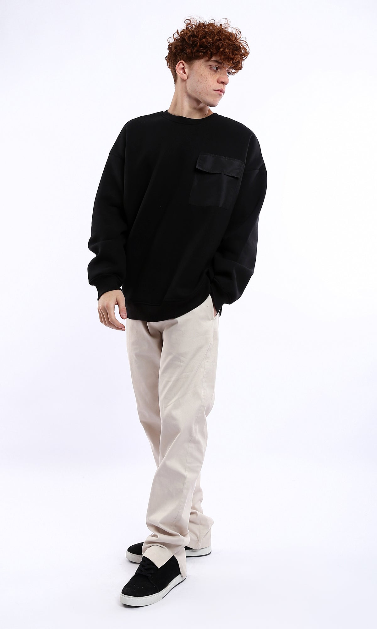 O175660 Relaxed Long Sleeves Solid Winter Sweatshirt - Black