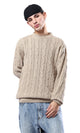 O175711 Round Neck Braided Knit Dark Beige Pullover