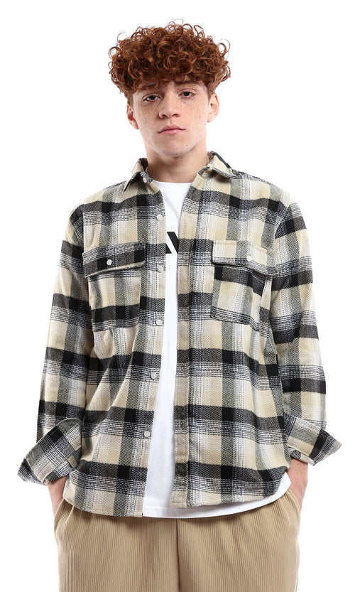 O175723 Relaxed Long Sleeves Plaids Winter Shirt - Sand & Black