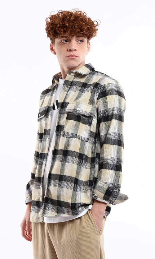 O175723 Relaxed Long Sleeves Plaids Winter Shirt - Sand & Black