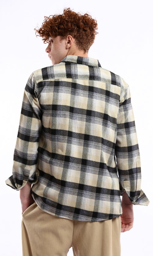 O175723 Relaxed Long Sleeves Plaids Winter Shirt - Sand & Black