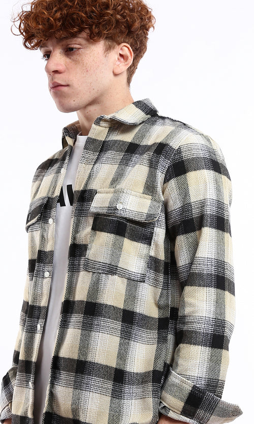 O175723 Relaxed Long Sleeves Plaids Winter Shirt - Sand & Black